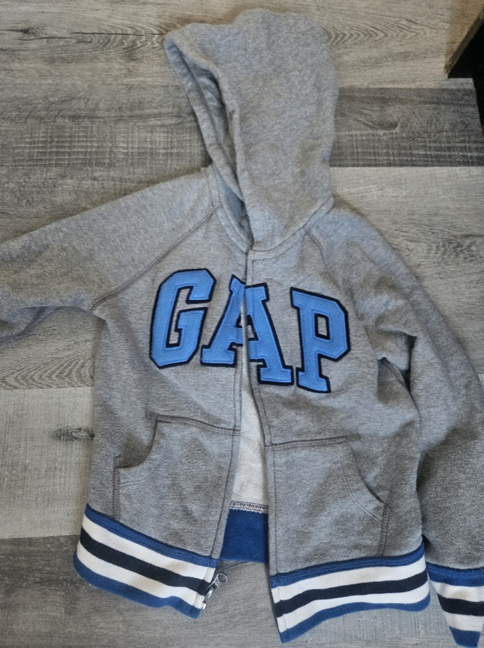 GAP Gray Hoodie with Blue Lettering and Striped Hem